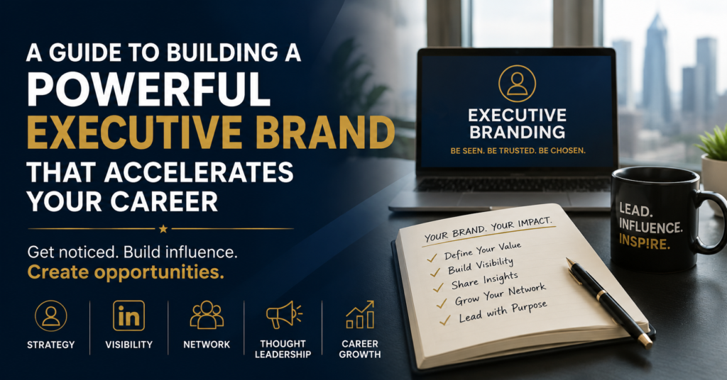 Executive branding guide with a laptop, notebook, and leadership messaging illustrating how professionals build visibility, influence, and career growth."