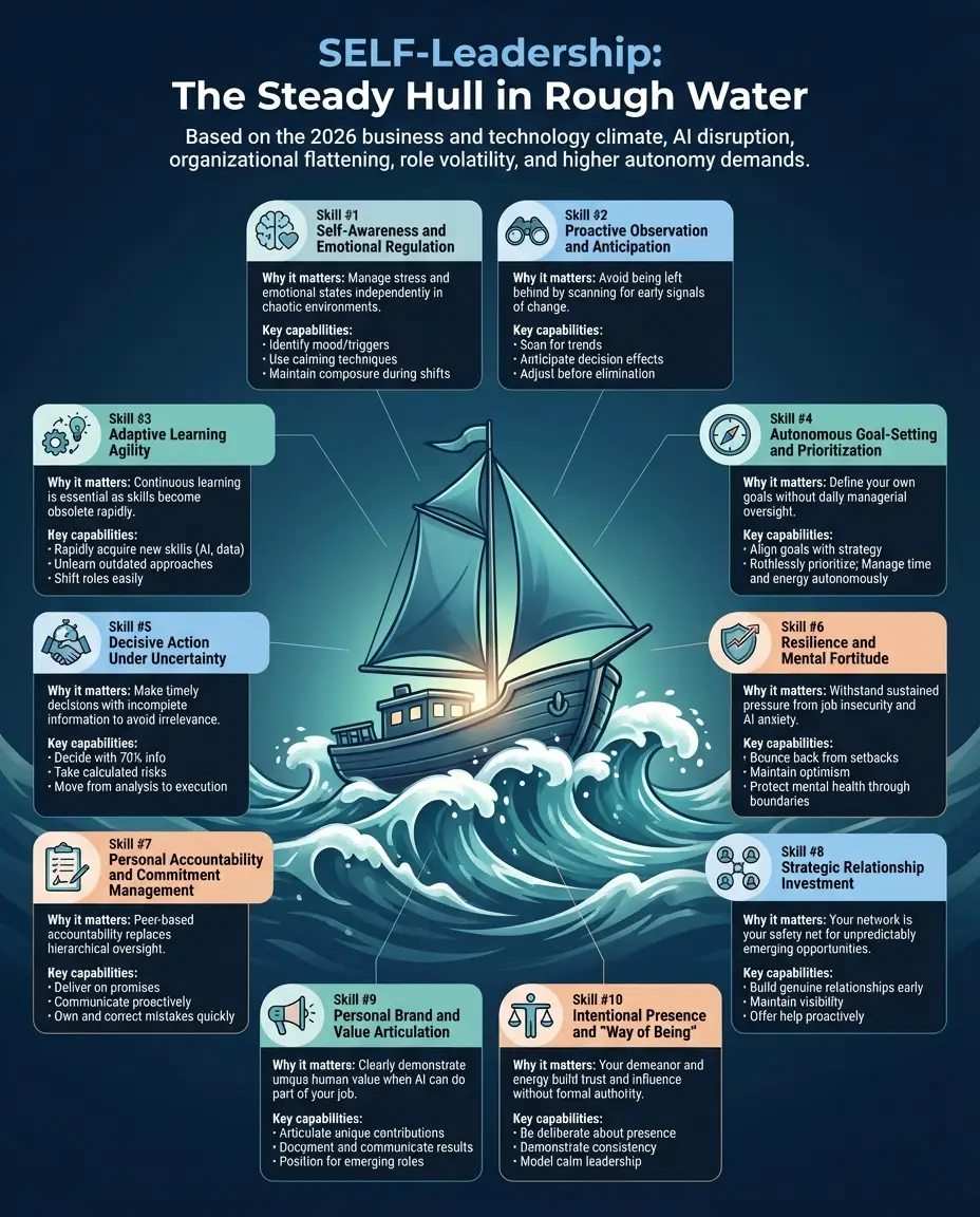 Self-leadership infographic: a steady ship in rough water surrounded by 10 self-leadership skills