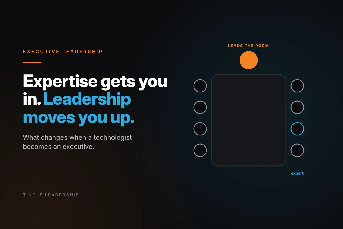 Executive Leadership: Expertise gets you in. Leadership moves you up. Tingle Leadership blog graphic.