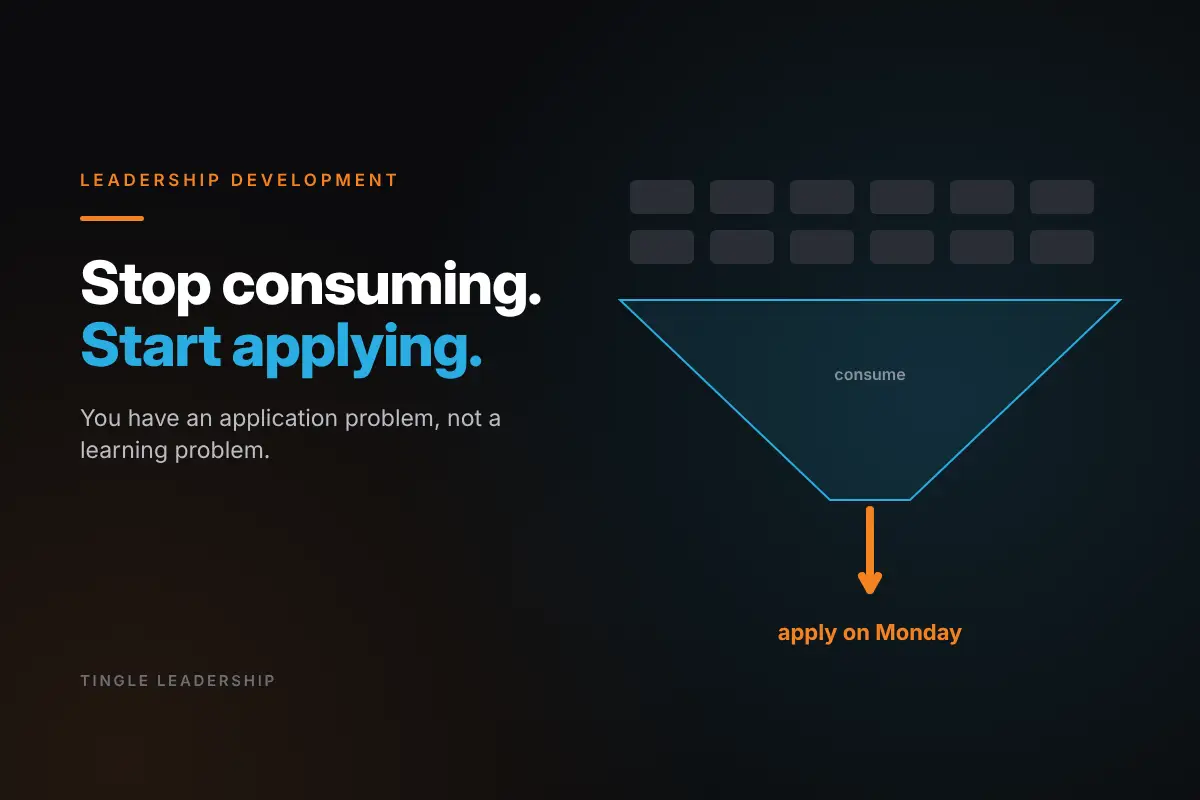 Leadership Development: Stop consuming. Start applying. Tingle Leadership blog graphic.